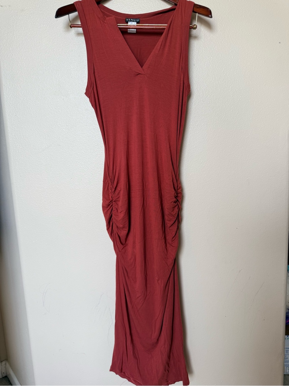 Venus ruched body-con midi dress in rustic brown red summer women’s size medium